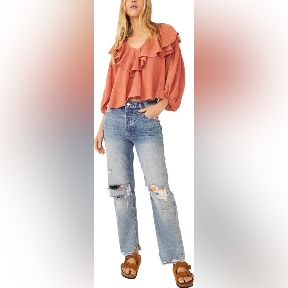 Free People Boho Orange Ginger Spice Zuri Ruffle Open Back Blouse size XS EUC - Picture 5 of 13